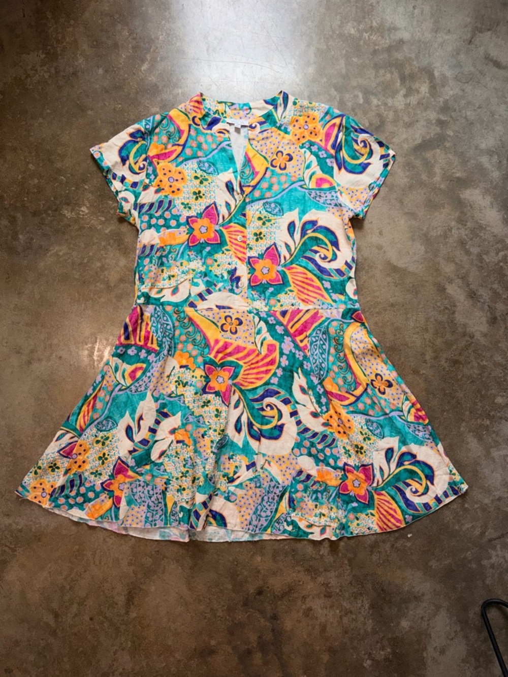 Colorful Boho Linen Dress Paisley Floral Vacation Beach Midi L Casual Statement
